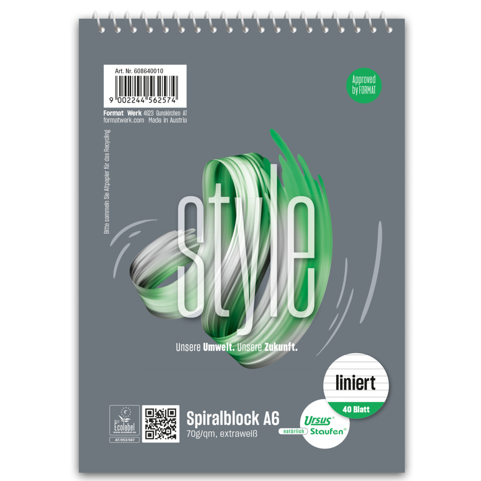 Spiralblock - A6, 40 Blatt, 70 g/qm, liniert