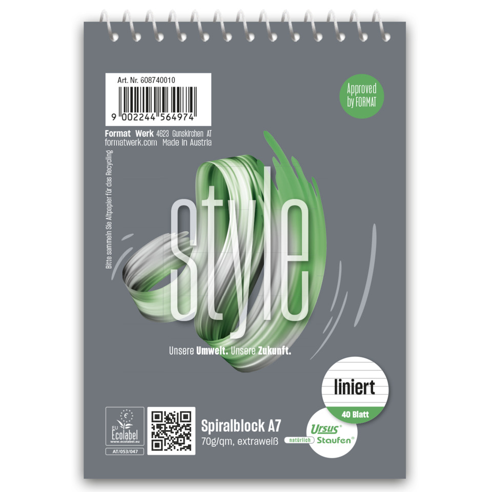 Spiralblock - A7, 40 Blatt, 70 g/qm, liniert