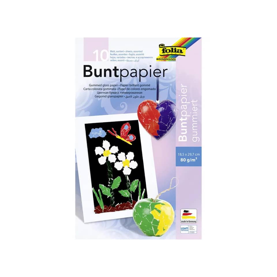 Buntpapier Mappe - gummiert, 10 Farben sortiert, 21 x 30 cm