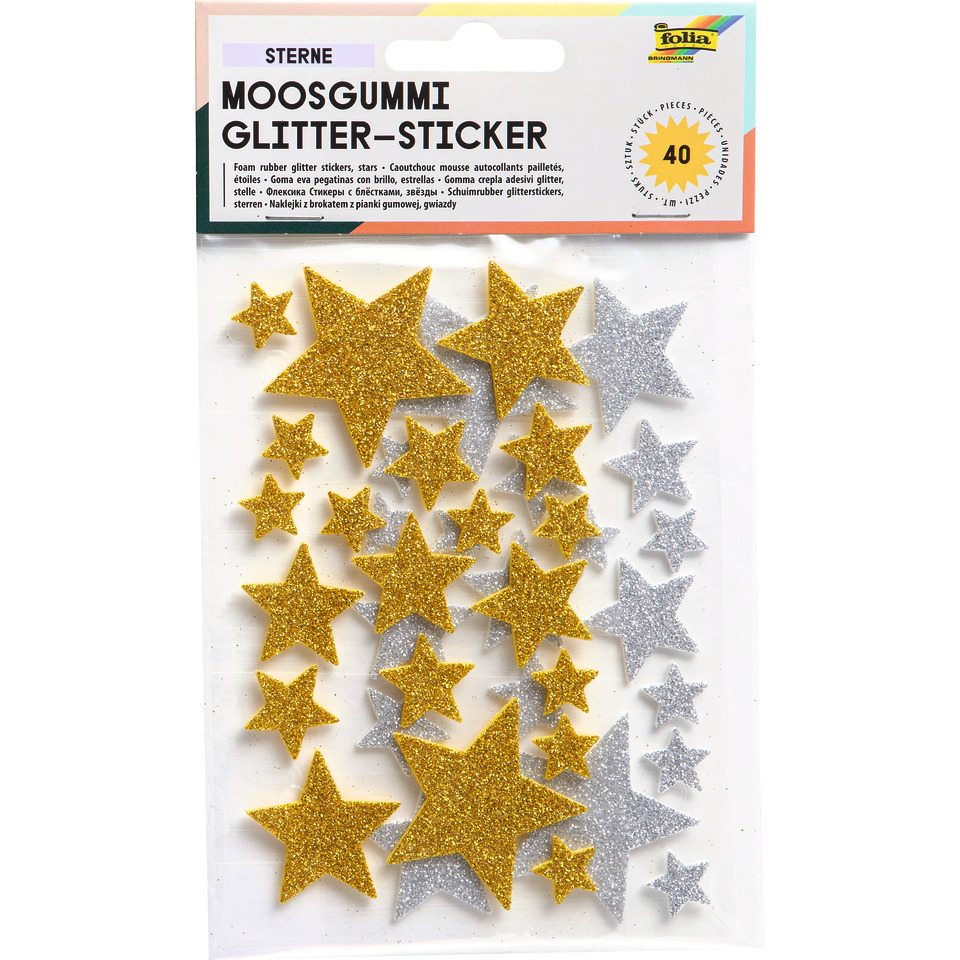 Moosgummi Glitter Sticker - 40 Sterne sortiert, selbstklebend