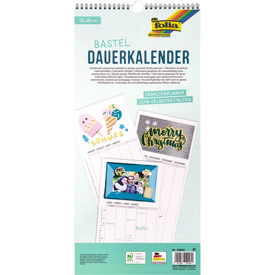 Bastelkalender "Familienkalender" - 23 x 49 cm, weiß, max. 5 Familienmitglieder, 13 Blatt + 1 zusätzliches Deckblatt