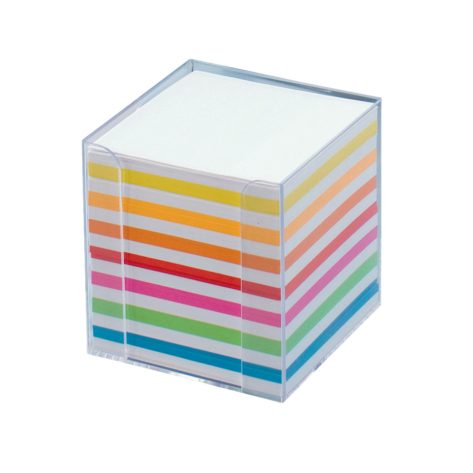 Notizbox glasklar - 9,5x9,5x9,5cm, Papier: weiß / bunt, ca. 700 Blatt