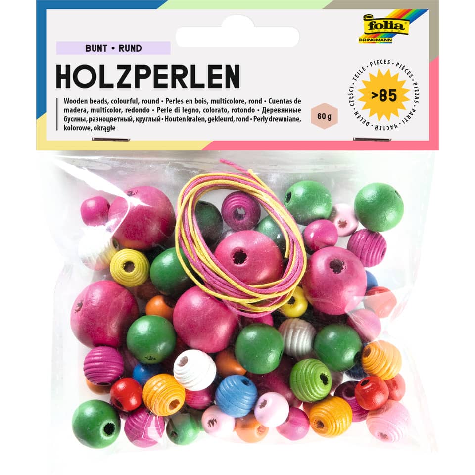 Bastelset Holzperlen - 84 Stück, rund, sortiert