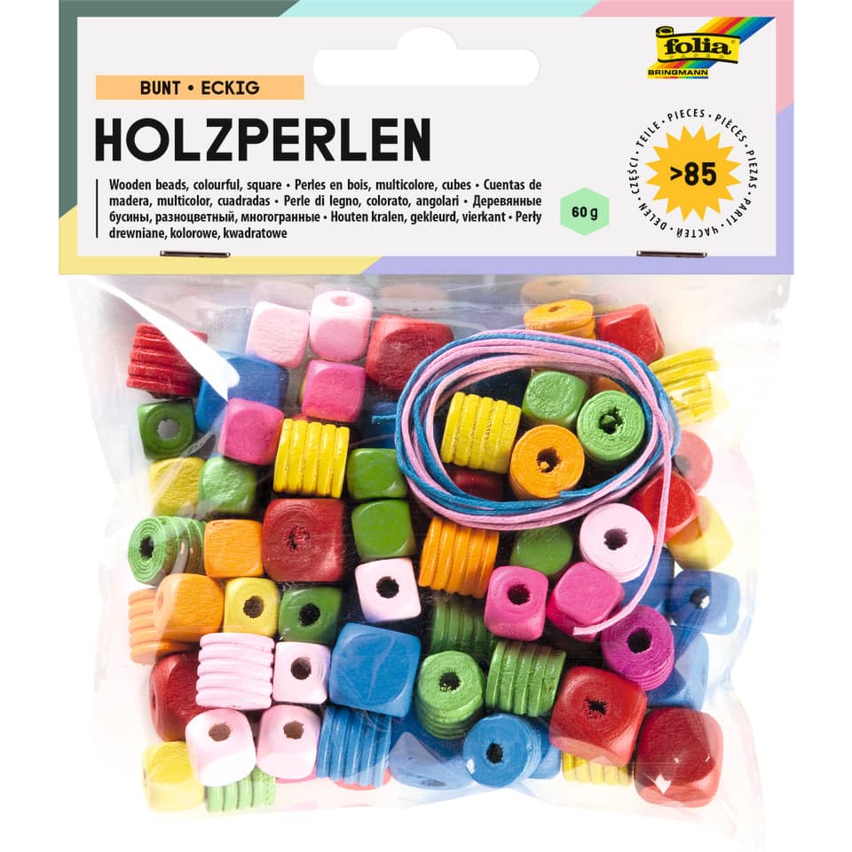 Bastelset Holzperlen - 88 Stück, eckig, sortiert