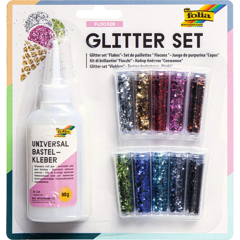 Glitterset - Flocken, 10 farben sortiert, inkl. Deko-Kleber