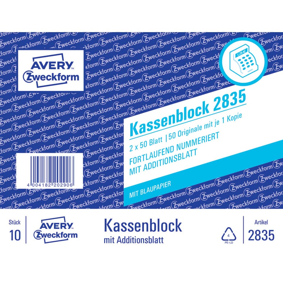 2835 Kassenblock, Kompaktblock, fortlaufend nummeriert, 2 x 50 Blatt, weiß