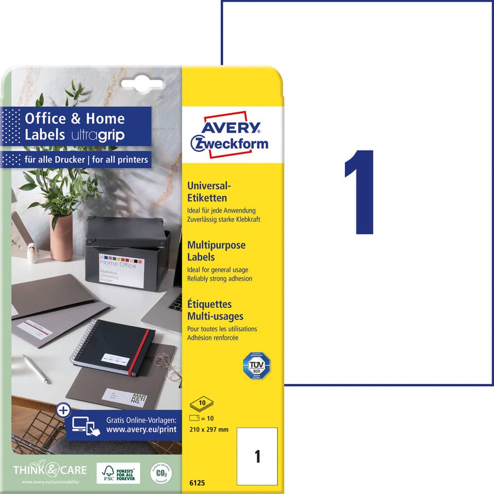 6125 Universal-Etiketten ultragrip - 210 x 297 mm, weiß, 10 Etiketten, permanent