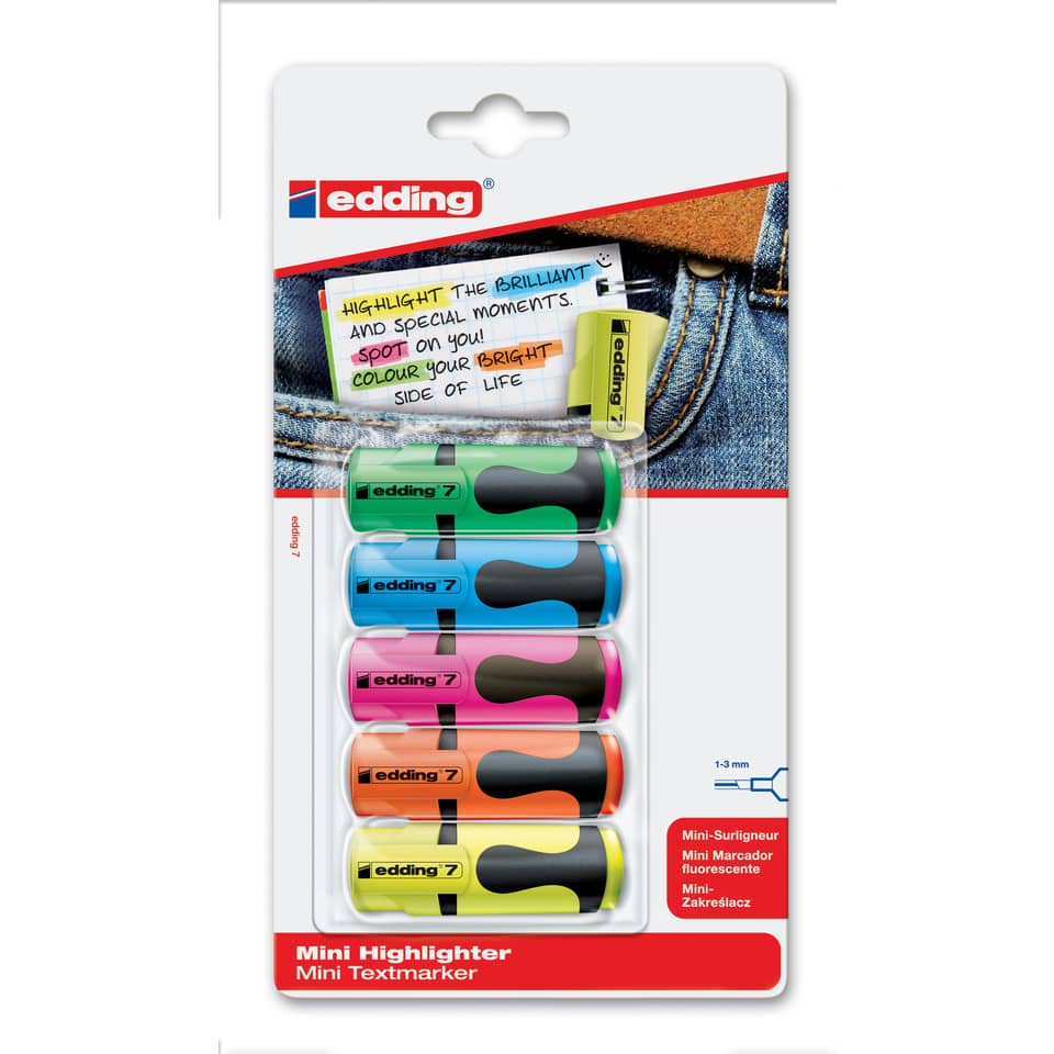 7 Textmarker mini highlighter, 1-3 mm, 5er Set Basicfarben