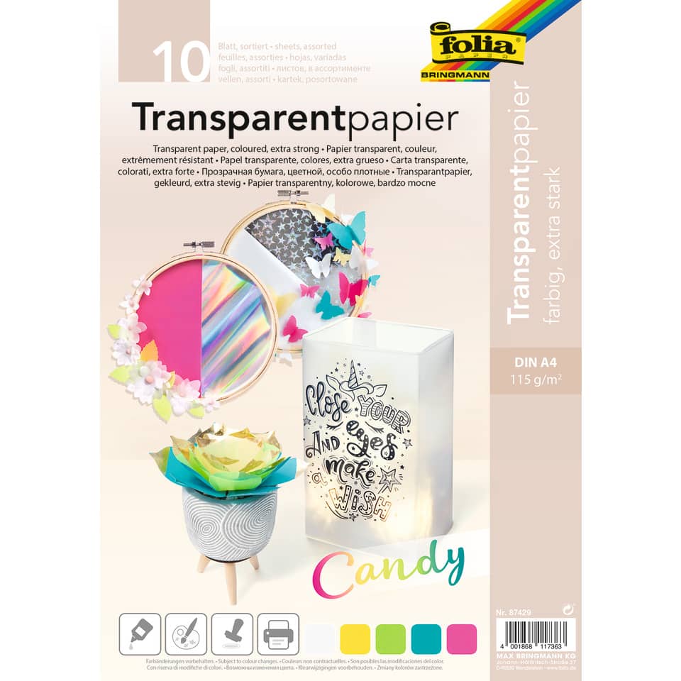 Transparentpapier - A4, 115 g/qm, 5 Farben sortiert, 10 Blatt