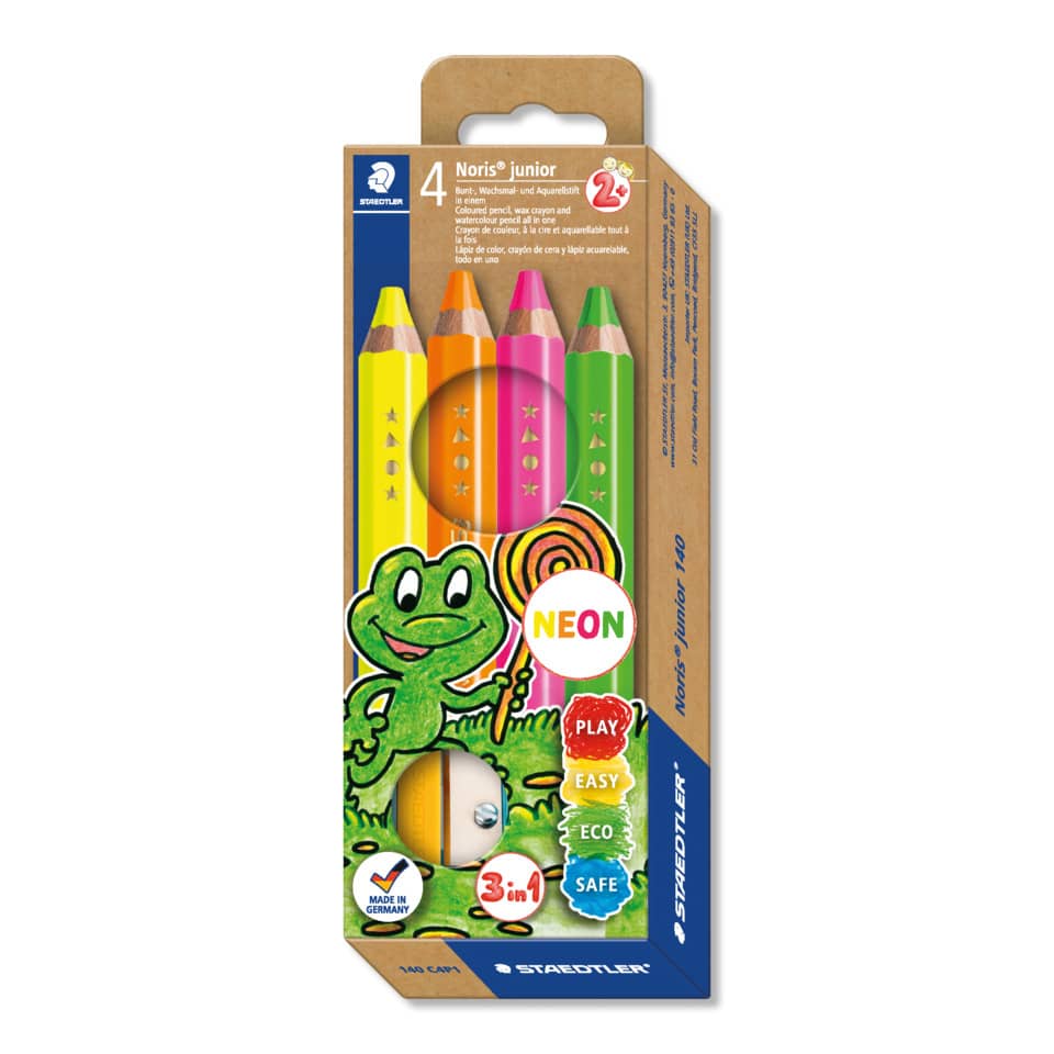 Farbstifte Noris® junior 140 - Kartonetui 4 Stifte Neon und 1 Spitzer