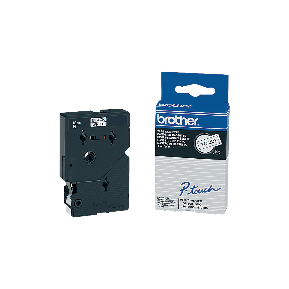 TC-201 Schriftbandkassette - laminiert, 12 mm x 7,7 m, schwarz auf weiß