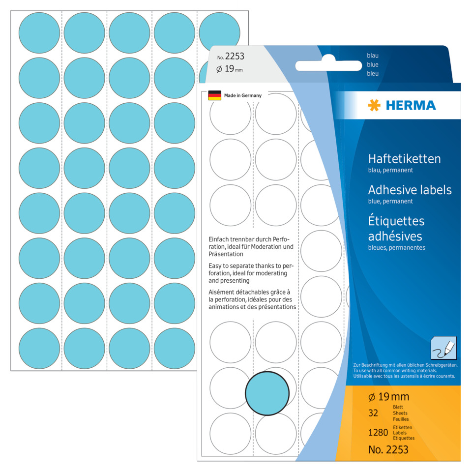 2253 Vielzwecketiketten - blau, Ø 19 mm, matt, Trägerpapier perforiert, 1280 Stück