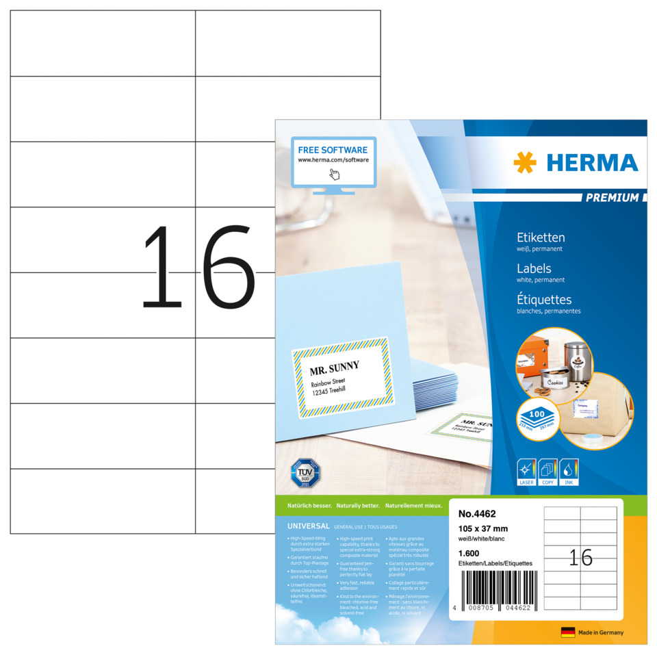 4462 Etiketten Premium A4, weiß 105x37 mm Papier matt 1600 St.
