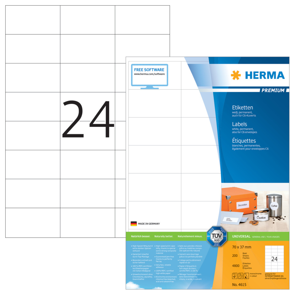4615 Etiketten Premium A4, weiß 70x37 mm Papier matt 4800 St.