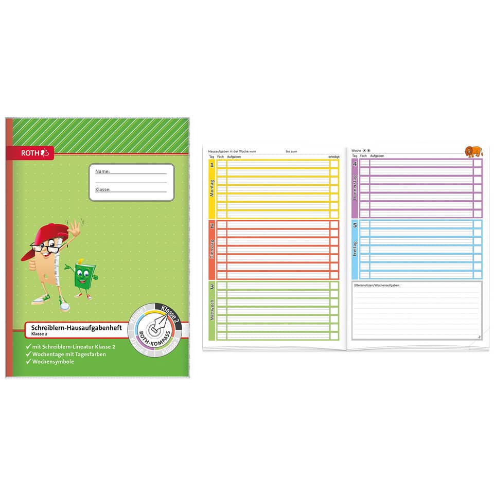 Hausaufgabenheft Klasse 2 - A4, 96 Seiten, Schutzhülle