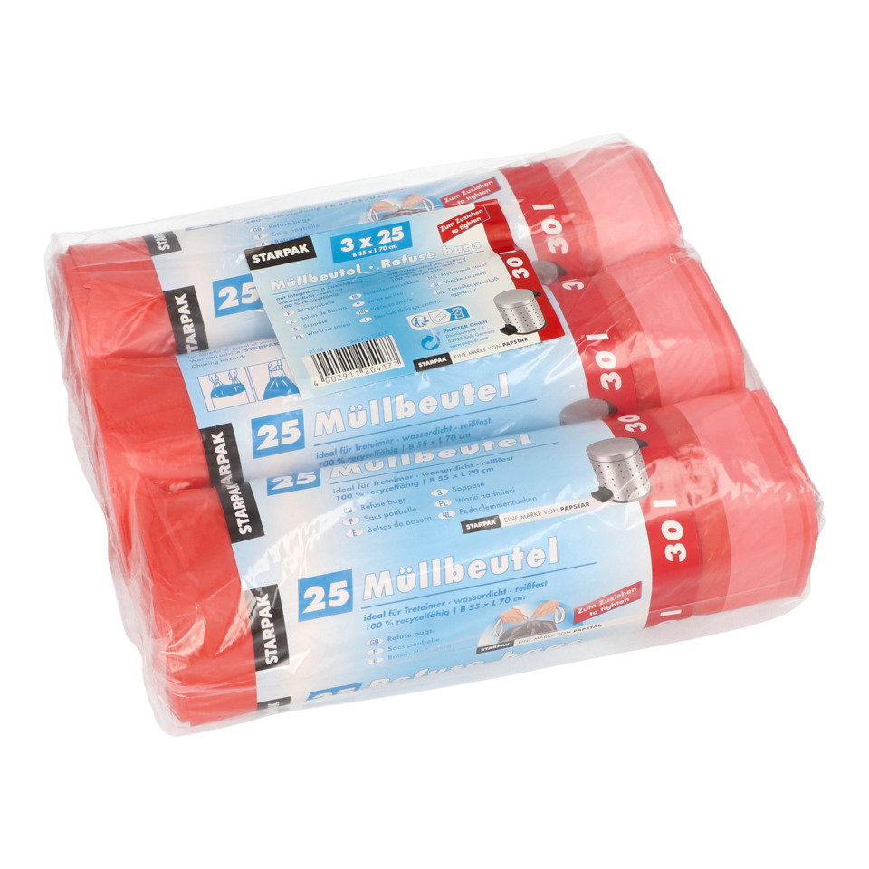 Müllbeutel mit Zugband - 30 L, HDPE, rot, 3x 25 Stück