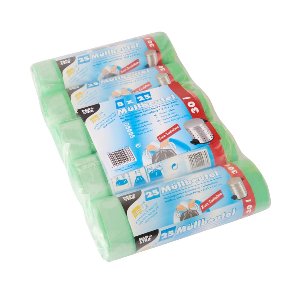 Müllbeutel mit Zugband - 30 L, HDPE, grün, 5x 25 Stück