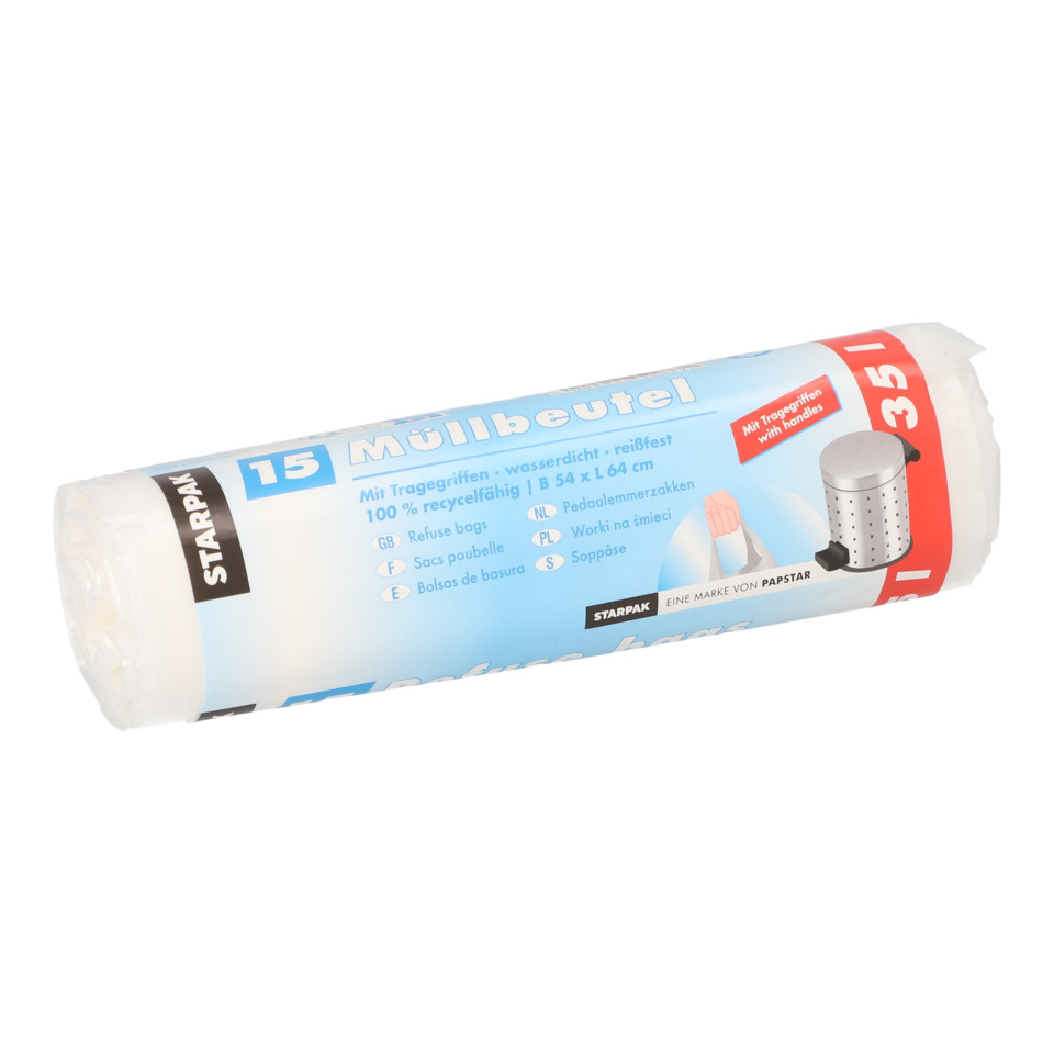 Müllbeutel mit Tragegriffen - 35 L, HDPE, transparent, 15 Stück