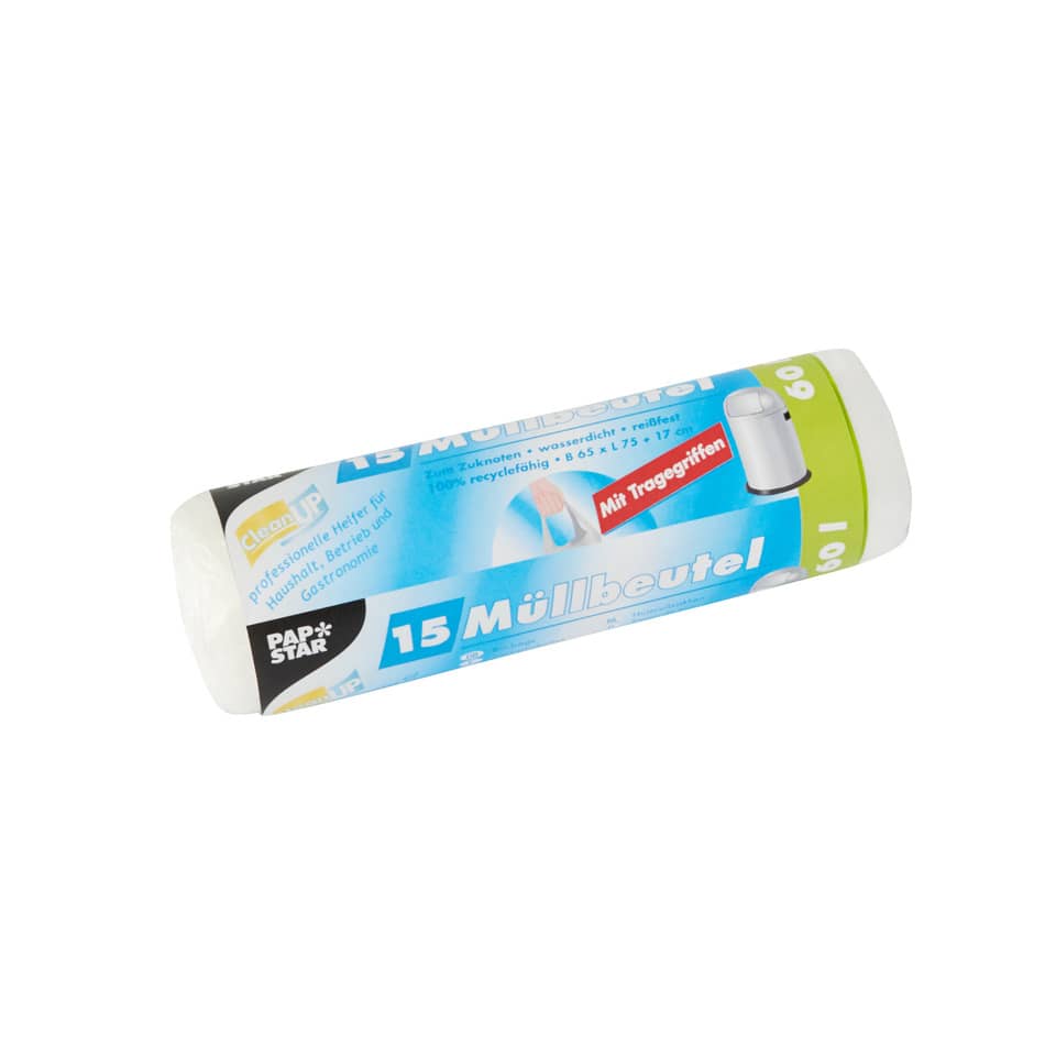 Müllbeutel mit Tragegriffen - 60 L, HDPE, transparent, 15 Stück