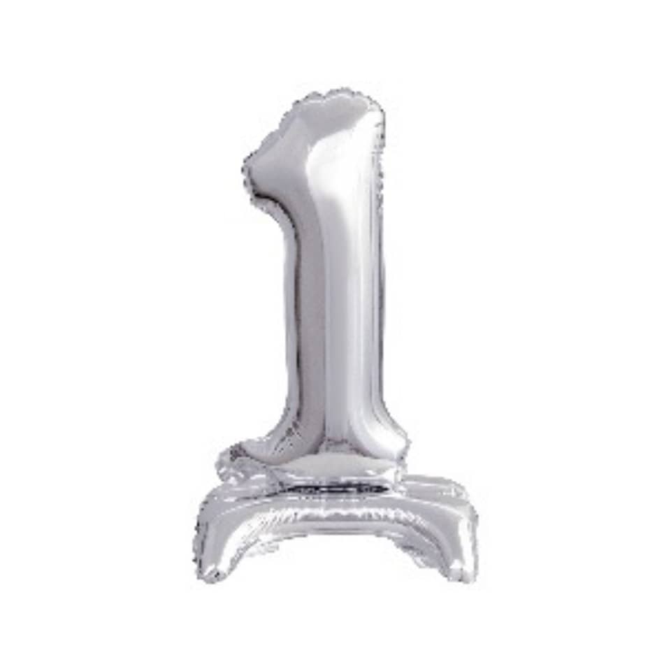 Folienballon Mini Zahl 1 - 15 x 38 cm, mit Standfuß, silber
