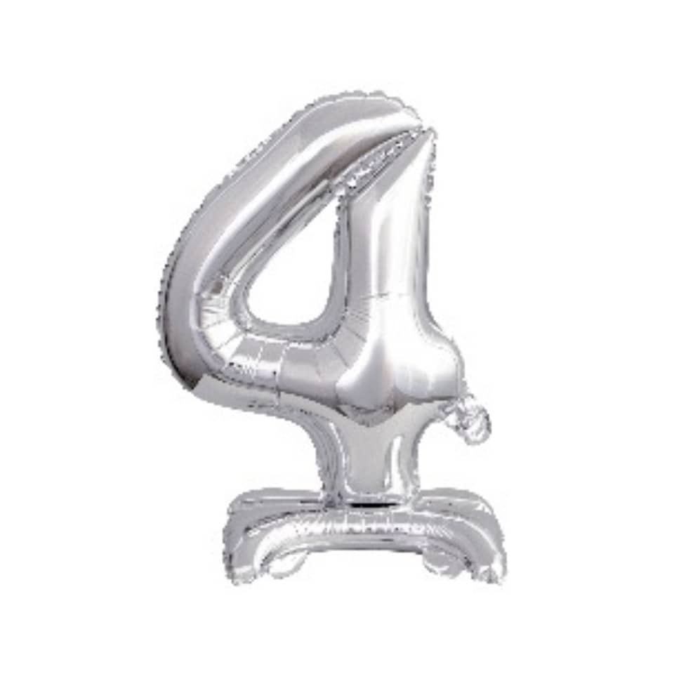 Folienballon Mini Zahl 4 - 15 x 38 cm, mit Standfuß, silber