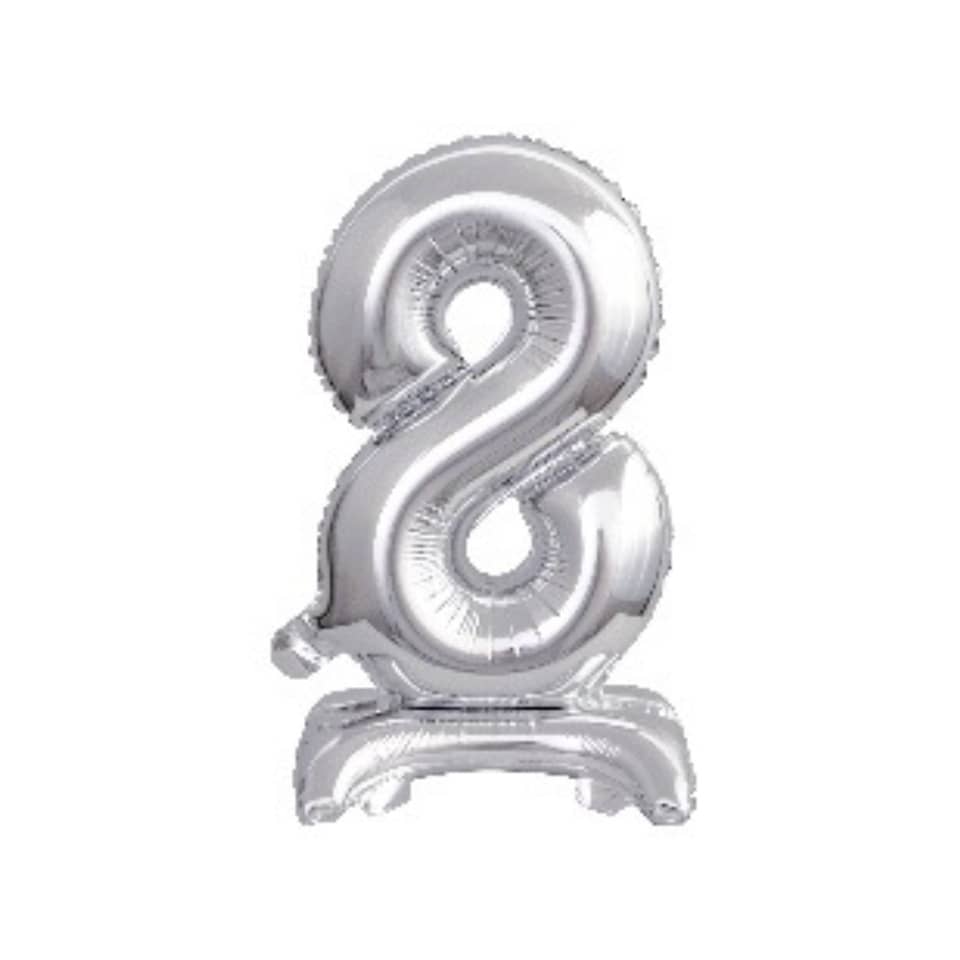 Folienballon Mini Zahl 8 - 15 x 38 cm, mit Standfuß, silber