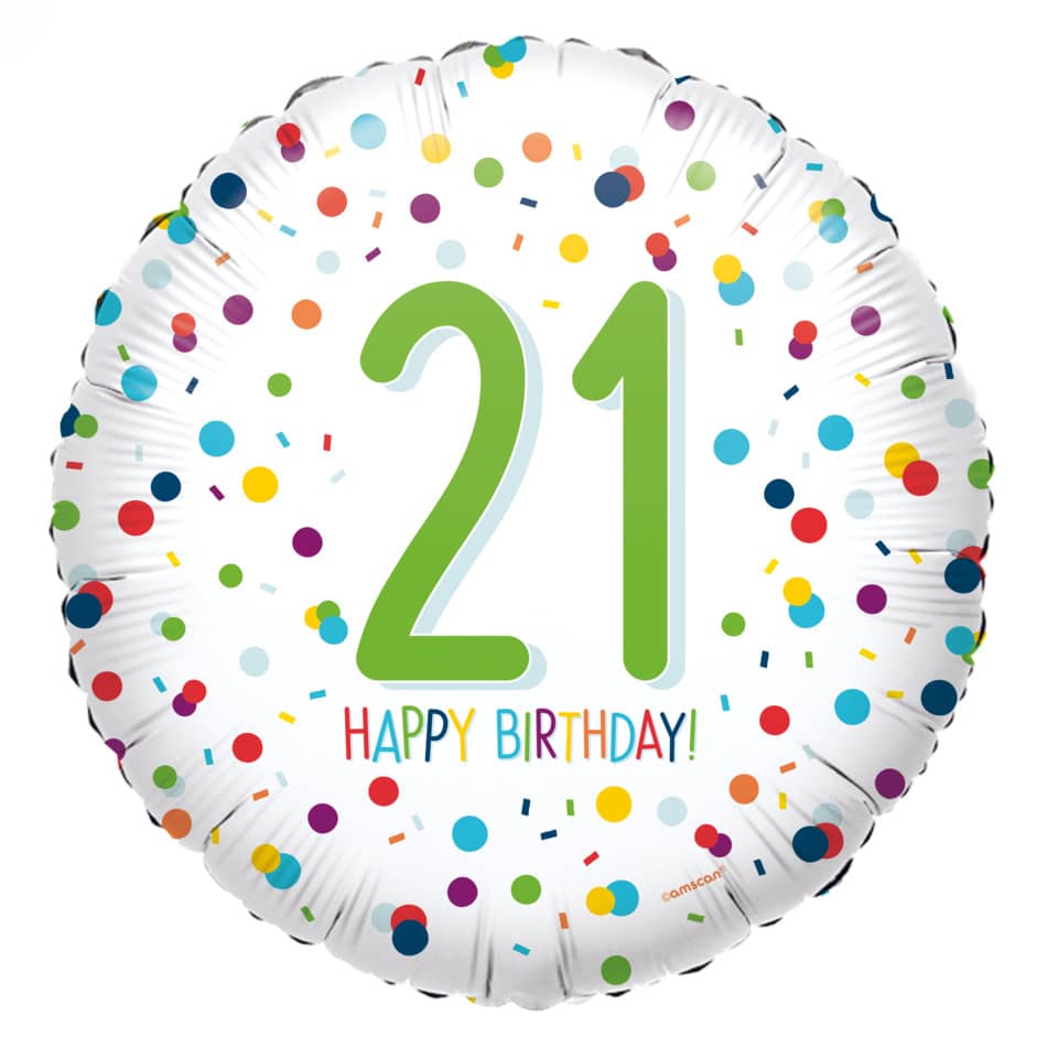 Folienballon Happy Birthday 21 - Ø 43 cm, weiß, Konfetti