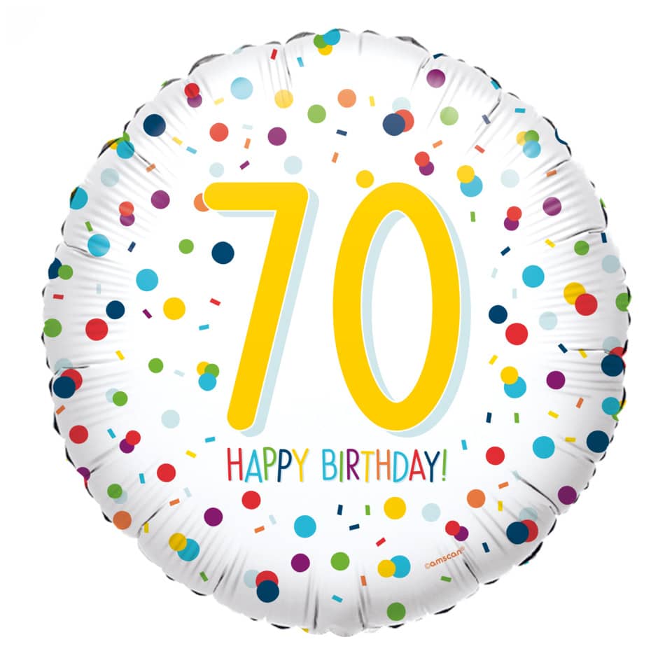 Folienballon Happy Birthday 70 - Ø 43 cm, weiß, Konfetti