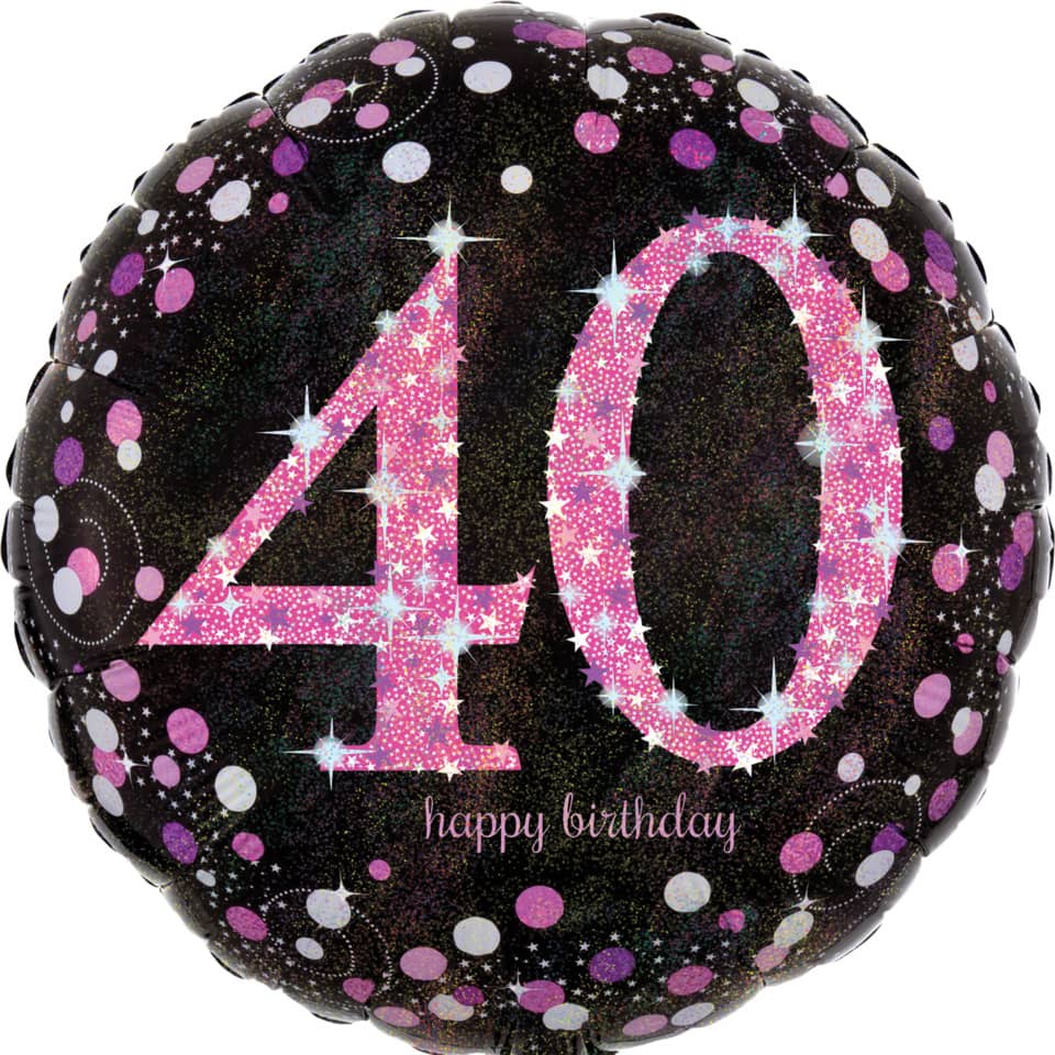 Folienballon Happy Birthday 40 - Ø 43 cm, schwarz/pink, Konfetti