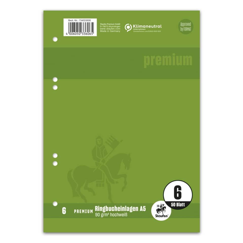 Ringbucheinlage PREMIUM LIN 6 - A5, 90 g/qm, 50 Blatt