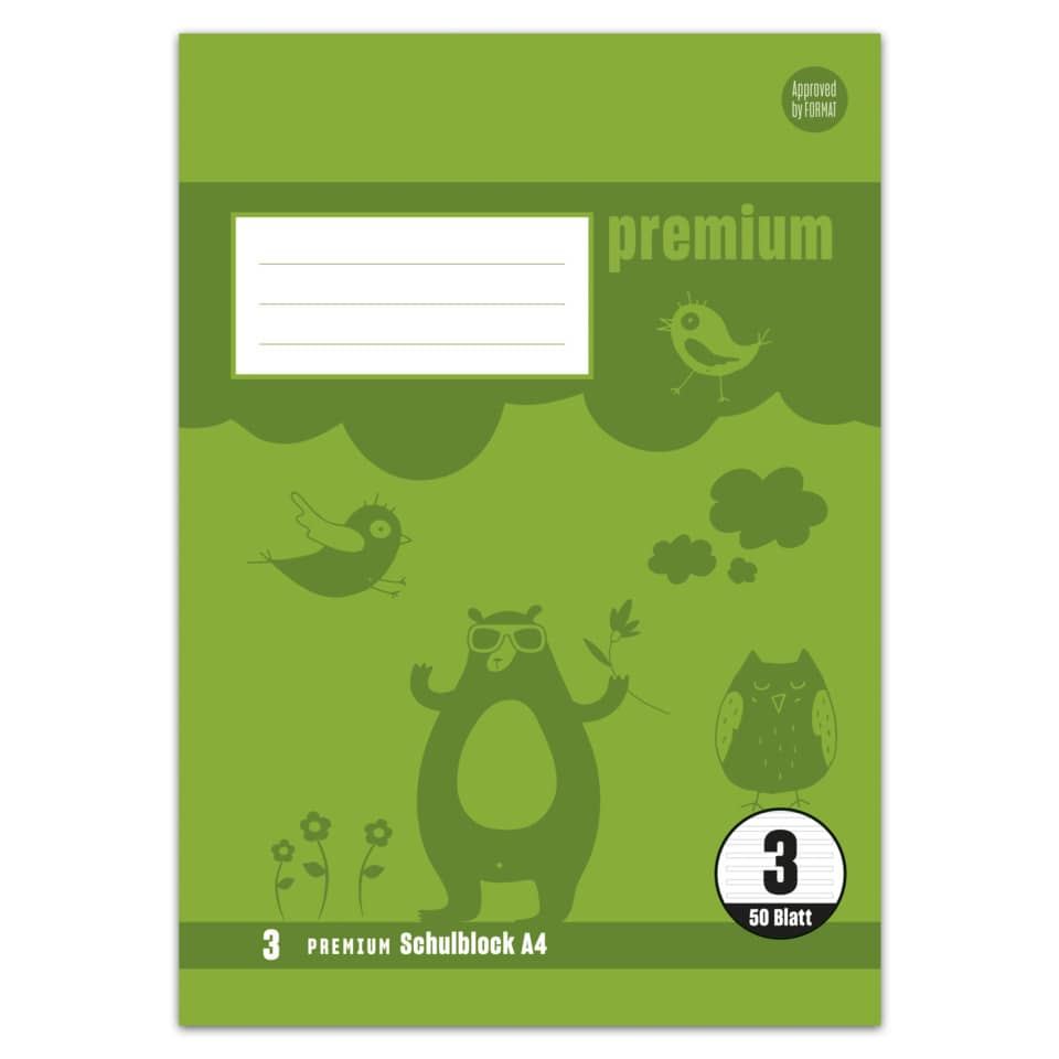 Schulblock PREMIUM LIN 3 - A4, 50 Blatt, 90 g/qm blanko Doppellinien farbig