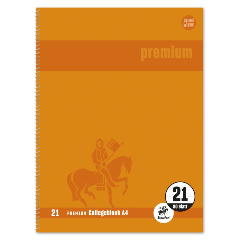 Collegeblock Premium LIN 21 - A4, 80 Blatt, 90 g/qm, orange, liniert mit Rand innen