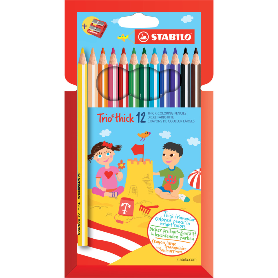 Dreikant-Buntstift - Trio dick - 12er Pack - mit 12 verschiedenen Farben und Spitzer