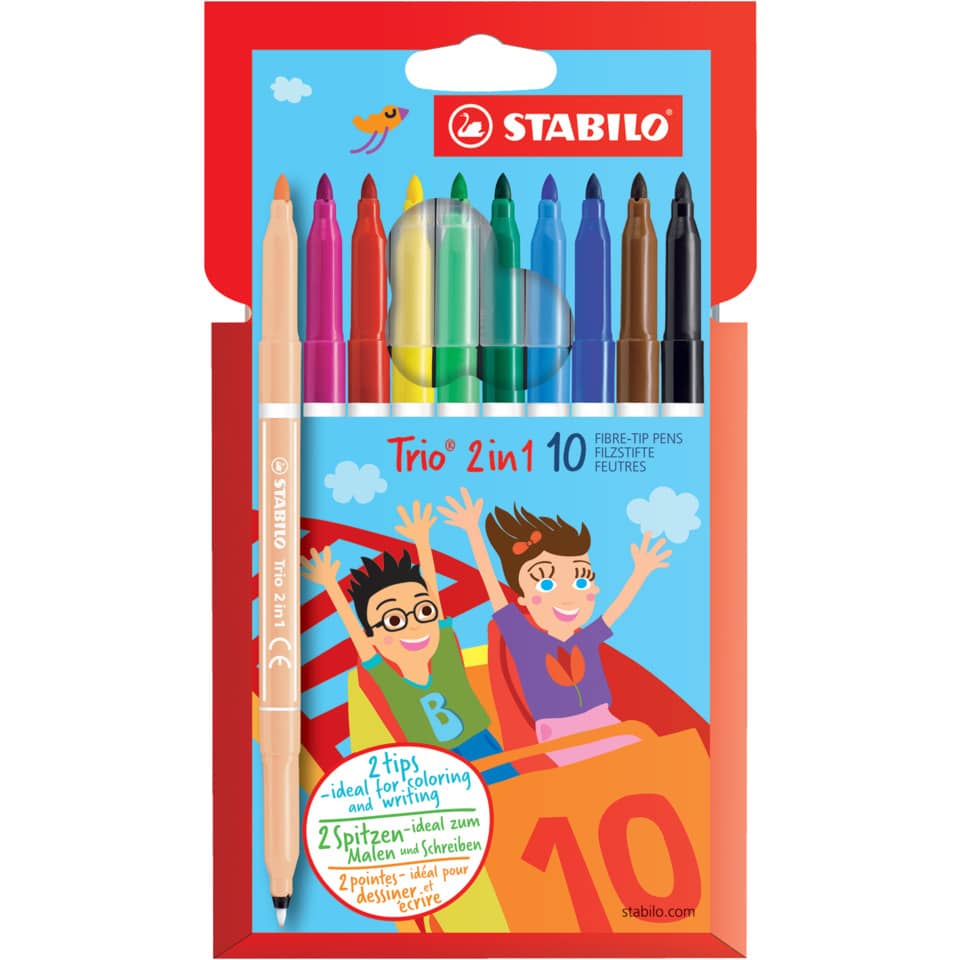 Filzstift und Fineliner in einem - Trio 2 in 1 - 10er Pack mit 10 verschiedenen Farben
