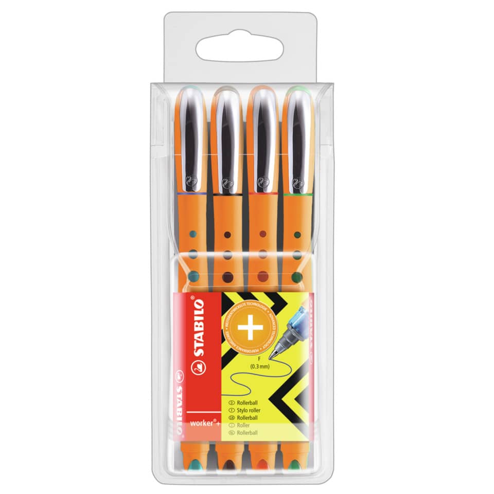Tintenroller - worker+ - fein - 4er Pack - grün, rot, blau, schwarz