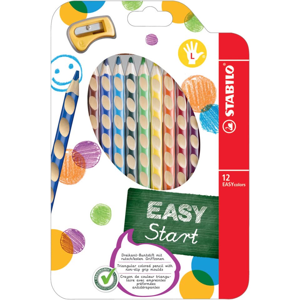 Ergonomischer Buntstift für Linkshänder - EASYcolors - 12er Pack mit Spitzer