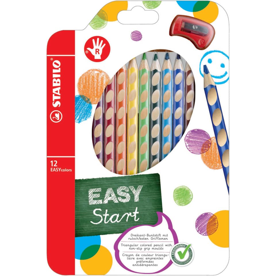 Ergonomischer Buntstift für Rechtshänder - EASYcolors - 12er Pack mit Spitzer