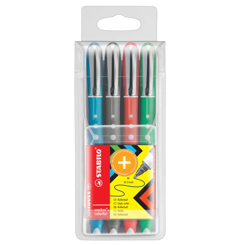 Tintenroller - worker+ colorful - medium - 4er Pack - grün, rot, blau, schwarz (sortiert)