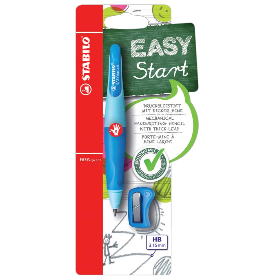 Ergonomischer Druck-Bleistift für Rechtshänder - EASYergo 3.15 in hellblau/dunkelblau - Einzelstift - inklusive 1 dicken Mine - Härtegrad HB & Spitzer