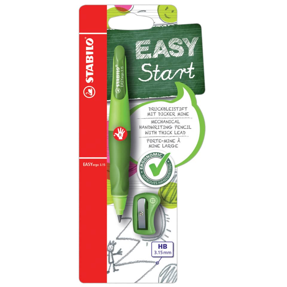 Ergonomischer Druck-Bleistift für Rechtshänder - EASYergo 3.15 in hellgrün/dunkelgrün - Einzelstift - inklusive 1 dicken Mine - Härtegrad HB & Spitzer