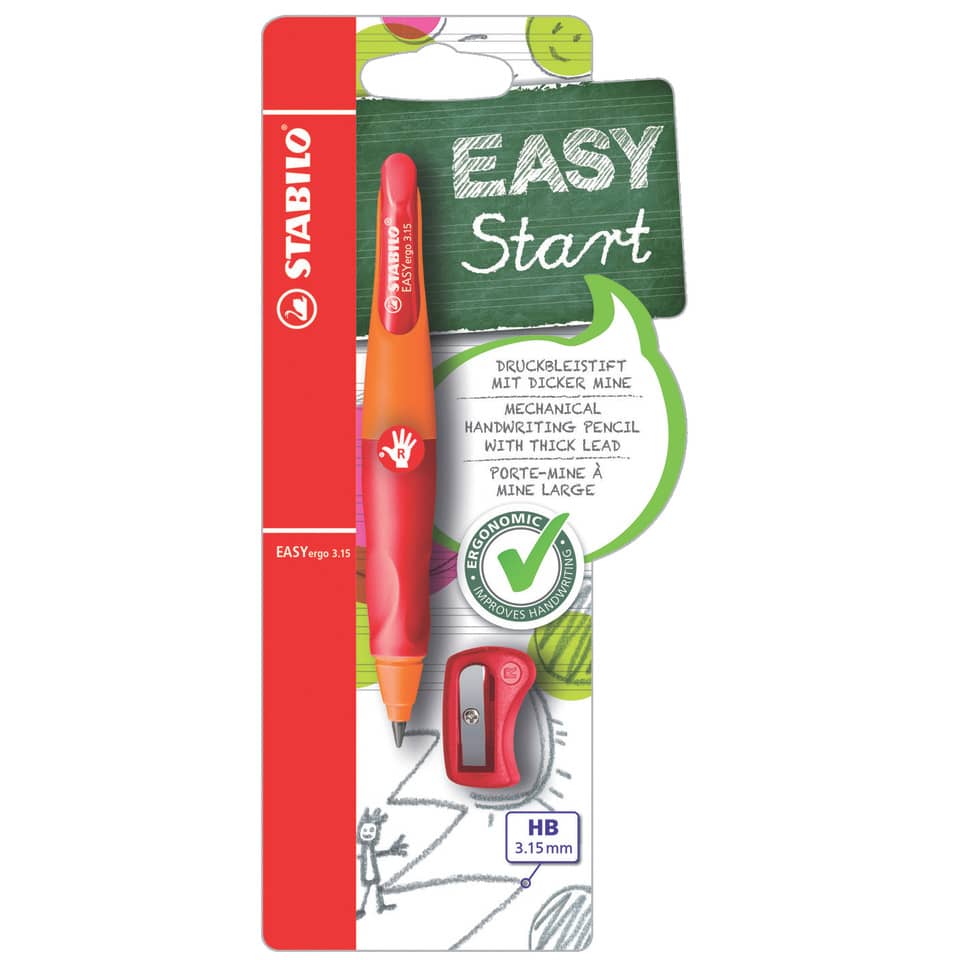 Ergonomischer Druck-Bleistift für Rechtshänder - EASYergo 3.15 in orange/rot - Einzelstift - inklusive 1 dicken Mine - Härtegrad HB & Spitzer