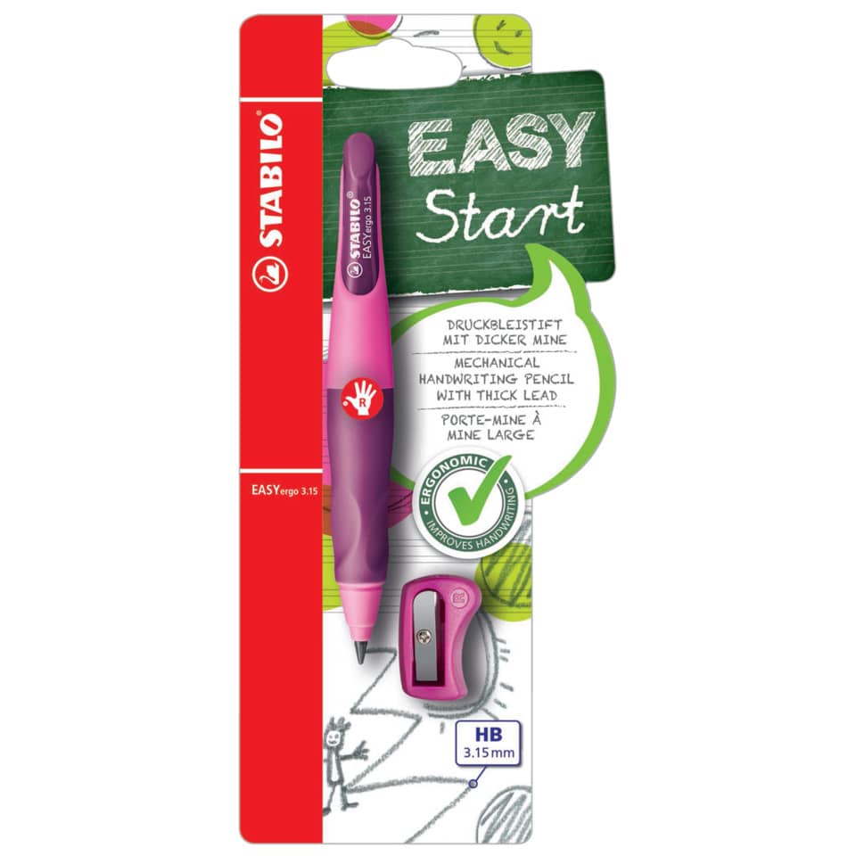 Ergonomischer Druck-Bleistift für Rechtshänder - EASYergo 3.15 in pink/lila - Einzelstift - inklusive 1 dicken Mine - Härtegrad HB & Spitzer