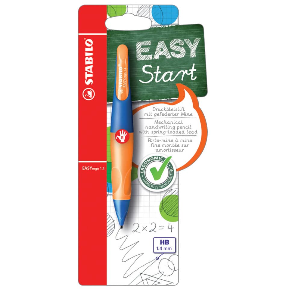 Ergonomischer Druck-Bleistift für Rechtshänder - EASYergo 1.4 in ultramarinblau/neonorange - Einzelstift - inklusive 3 dünner Minen - Härtegrad HB
