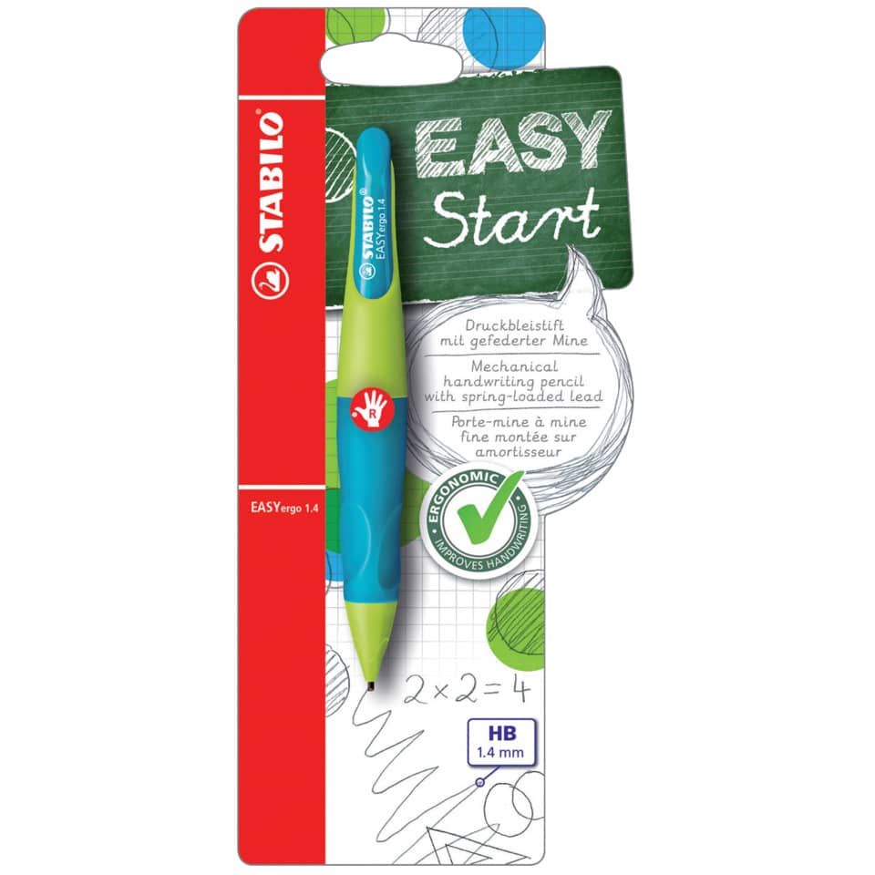 Ergonomischer Druck-Bleistift für Rechtshänder - EASYergo 1.4 in neonlimonengrün/aquamarin - Einzelstift - inklusive 3 dünner Minen - Härtegrad HB