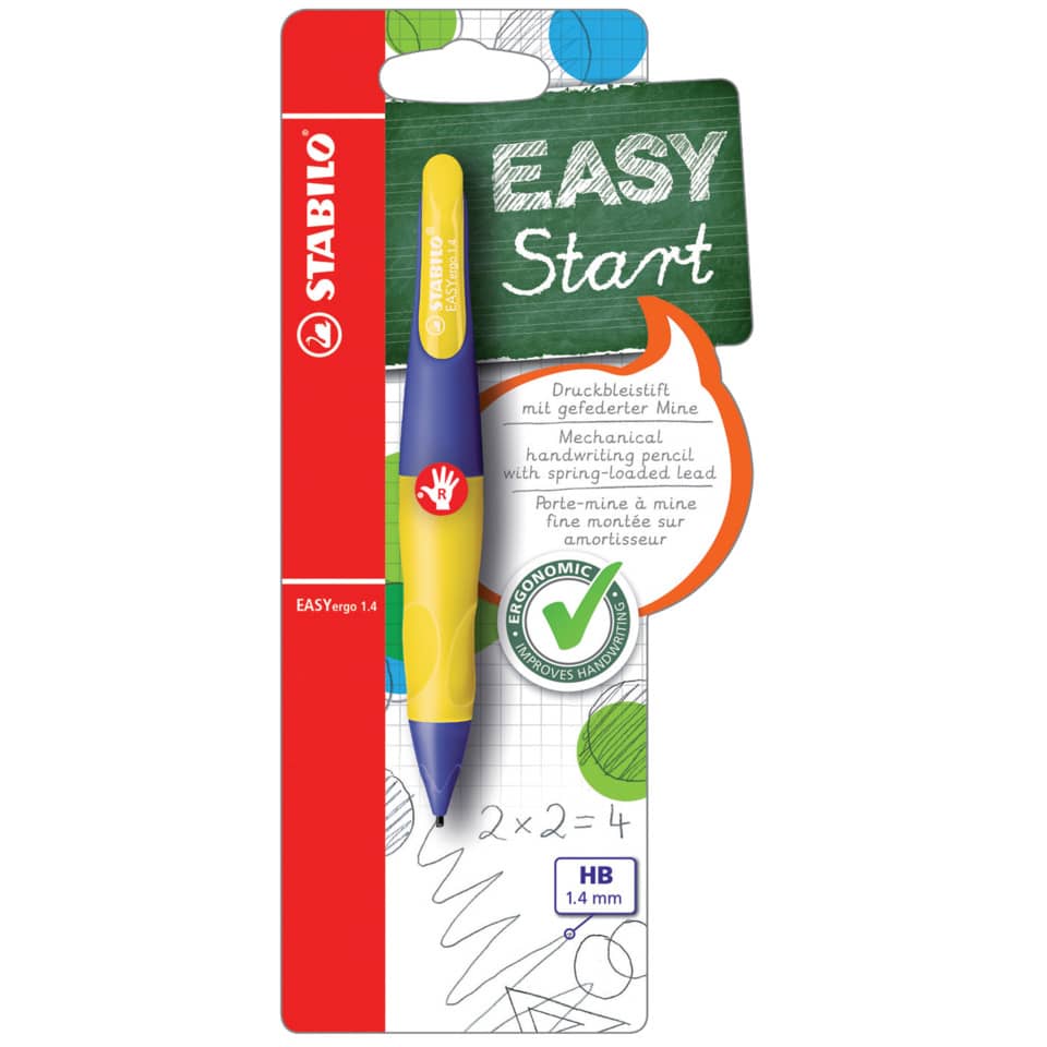 Ergonomischer Druck-Bleistift für Rechtshänder - EASYergo 1.4 in violett/neongelb - Einzelstift - inklusive 3 dünner Minen - Härtegrad HB