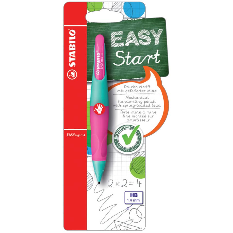Ergonomischer Druck-Bleistift für Rechtshänder - EASYergo 1.4 in türkis/neonpink - Einzelstift - inklusive 3 dünner Minen - Härtegrad HB