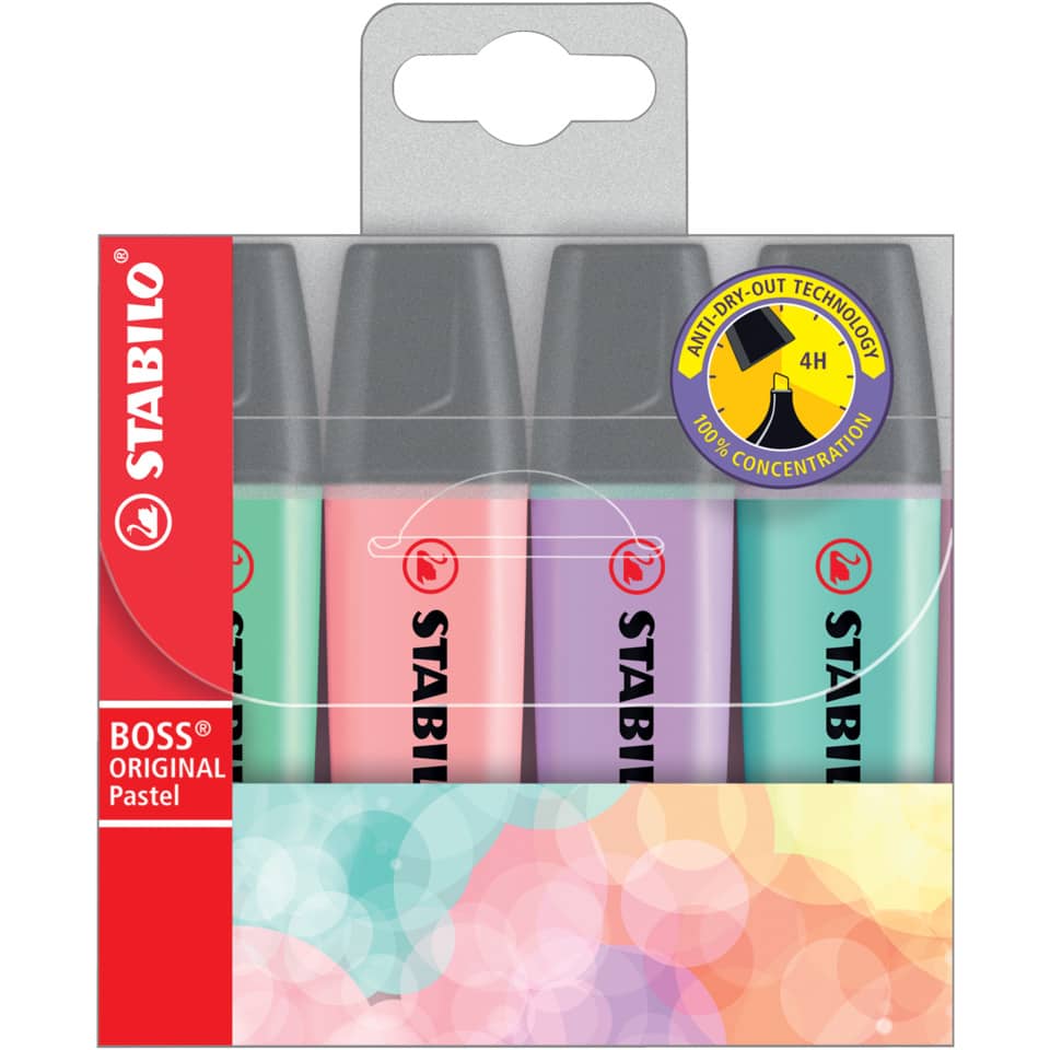 Textmarker - BOSS ORIGINAL Pastel - 4er Pack - Hauch von Minzgrün, rosiges Rouge, Schimmer von Lila, zartes Türkis