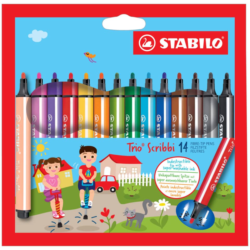 Gefederter Dreikant-Filzstift - Trio Scribbi - 14er Pack - mit 14 verschiedenen Farben
