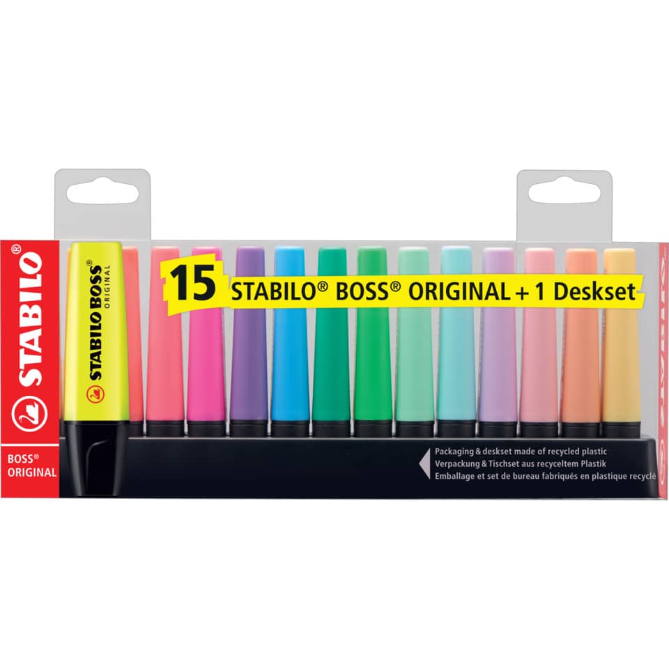 Textmarker - BOSS ORIGINAL - 15er Tischset - 9 Leuchtfarben, 6 Pastellfarben