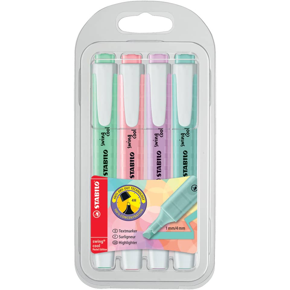 Textmarker swing® cool Pastel - 4er Pack - Hauch von Minzgrün, rosiges Rouge, Schimmer von Lila, zartes Türkis